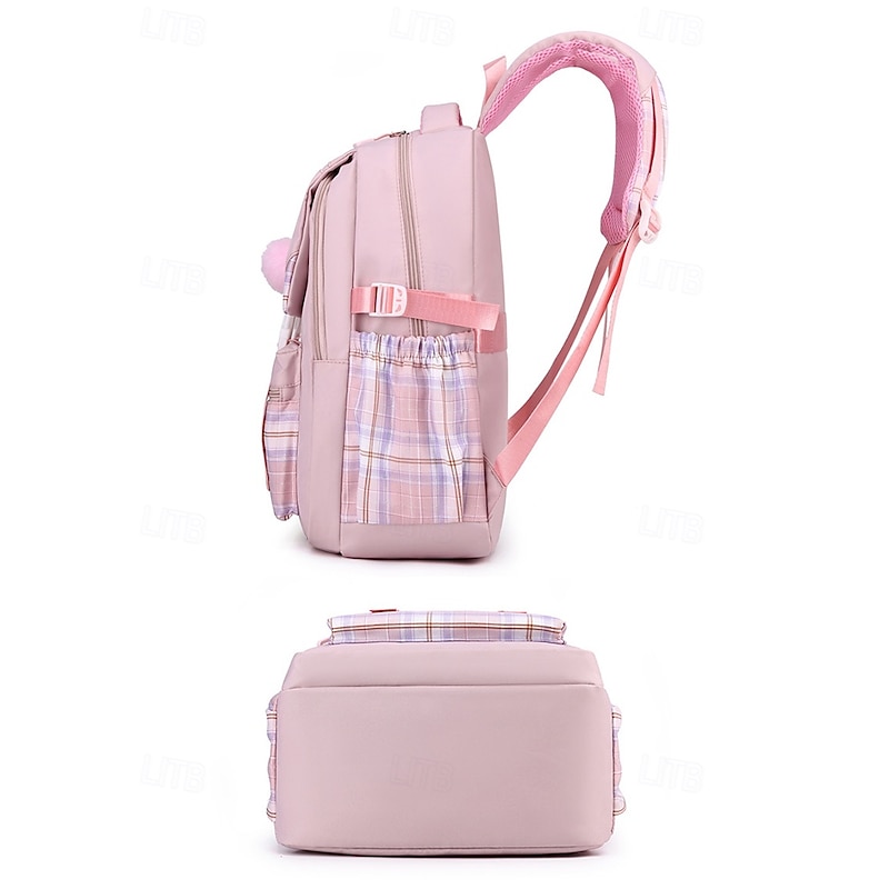 Girls' Large Capacity Plaid Backpack with Pom Pom Charm – Waterproof Nylon School Bag for Teens, Travel and College Use Black Pink Blue4