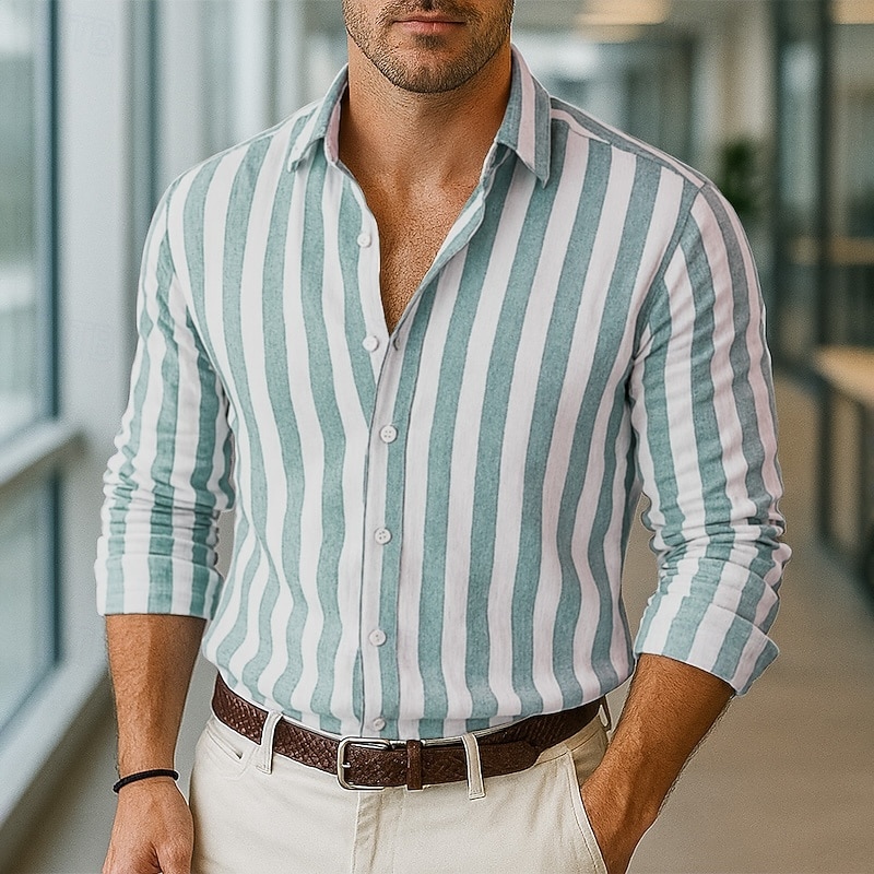 Men's Cotton Linen Shirt Stripe Vacation Daily Wear Red Dark Navy Sky Blue Brown Long Sleeve Lapel Clothing Apparel4