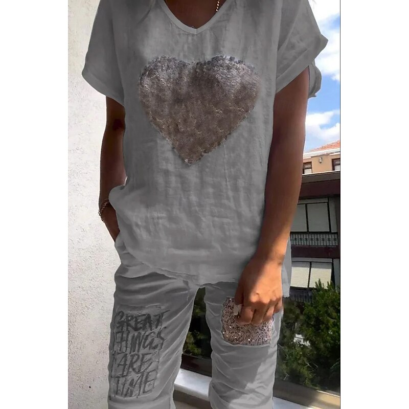 Women's EU / US Size Linen-Inspired Sets Two Piece Sets Bolero Top Half Sleeve V Neck Heart Patchwork Going out Casual Daily Black White Pink Summer Regular Fit4