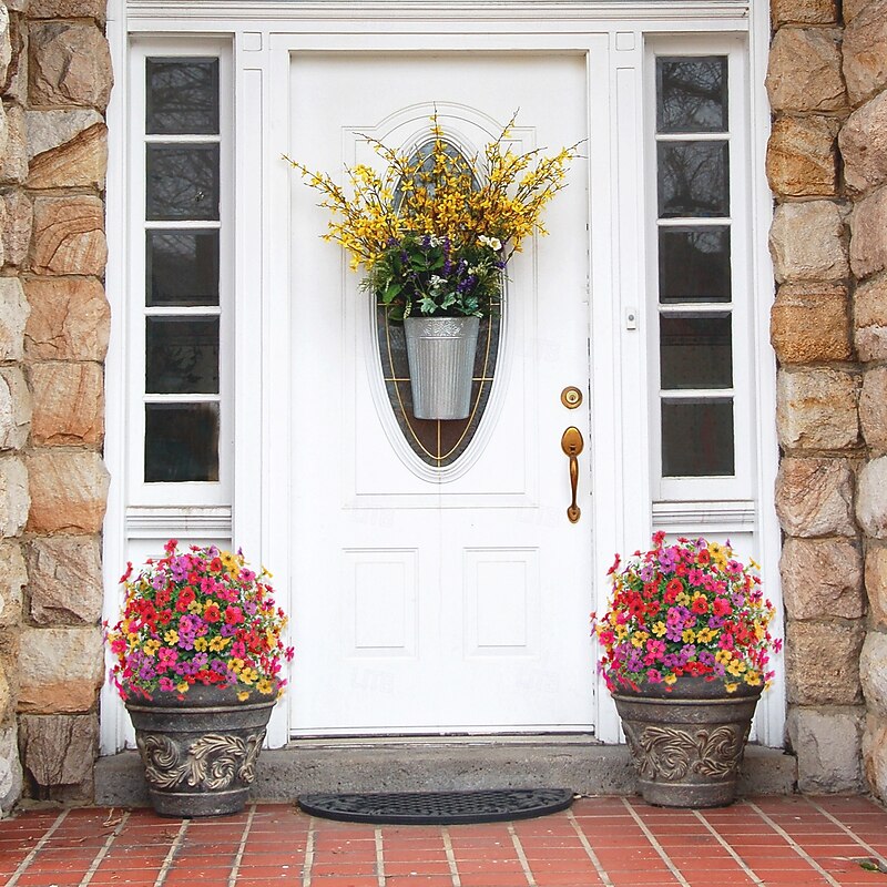 Outdoor Artificial Flower Bush Decoration with Ground Spikes, Faux Eucalyptus and Violet Garden Stakes for Yard, Patio, Home Decor, Spring Summer Greenery2