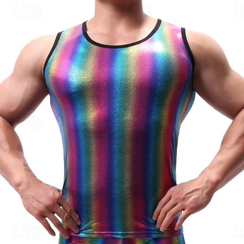 Retro Vintage 1980s Tank Top Singlet Disco Shiny Latex Patent Metallic Rainbow Fancy Dress Men's Halloween Carnival Pride Parade Pride Month Adults' Vest All Seasons