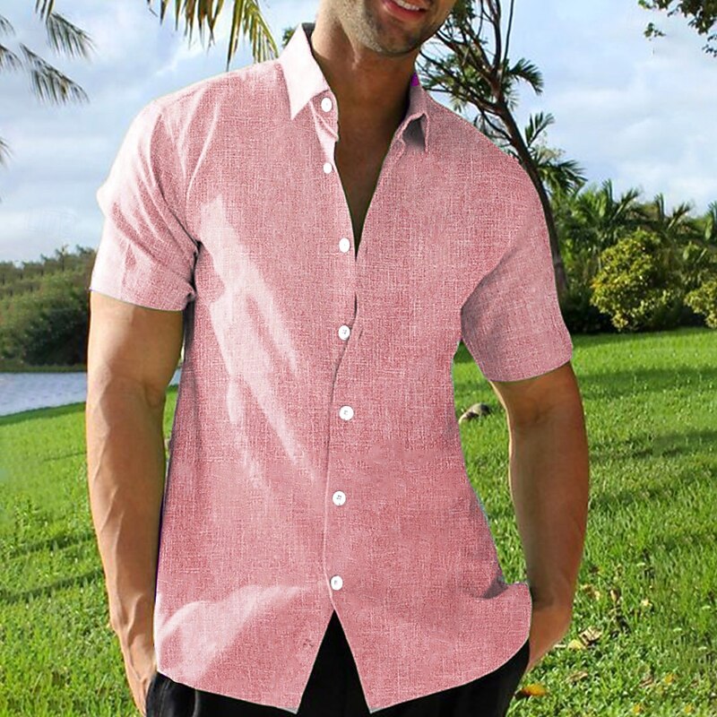 Men's Linen Shirt Summer Hawaiian Shirt Button Up Shirt Vacation Daily Pink Blue Green Short Sleeve Turndown Summer Spring Clothing Apparel Collared Shirts3