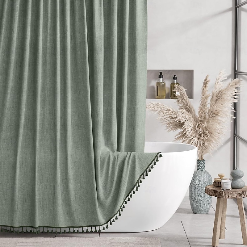 Boho Shower Curtains for Bathroom, Farmhouse Shower Curtain with Tassels, Sage Green Shower Curtain Set, Faux Linen Fabric Shower Curtain with 12 Hooks, Hotel Quality