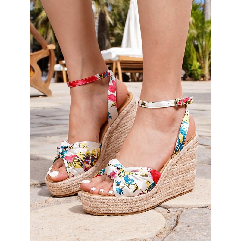 Women's Floral Print Espadrille Wedge Sandals with Ankle Strap – Tropical Vacation Platform Heels for Beach Parties and Summer Outfits
