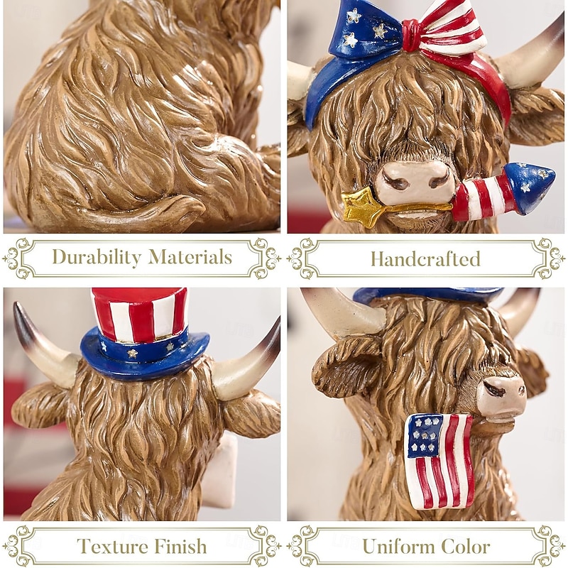4th of July Decorations Patriotic Highland Yaks for Home Decor, USA Garden Statue Outdoor Yard Decorations, Stars and Stripes Highland Yak Figurine for Memorial Day Independence Day4