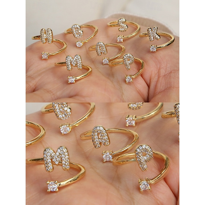 Gold Initial Ring for Women - Adjustable A-Z Alphabet Ring with Beads or Crystals - Personalized Name Jewelry for Everyday Wear, Graduation Season Gift or Special Occasion4