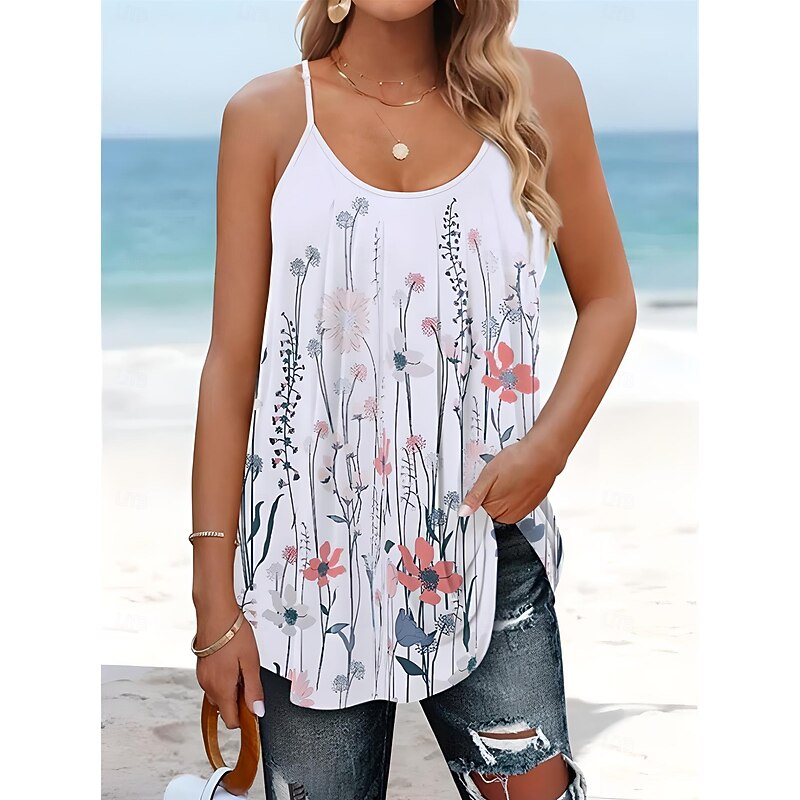 Women's Blouse Floral Graphic Bohemia Vintage Tropical Sleeveless Strap Regular Tops Daily Print Backless White Pink Purple Summer Spring3