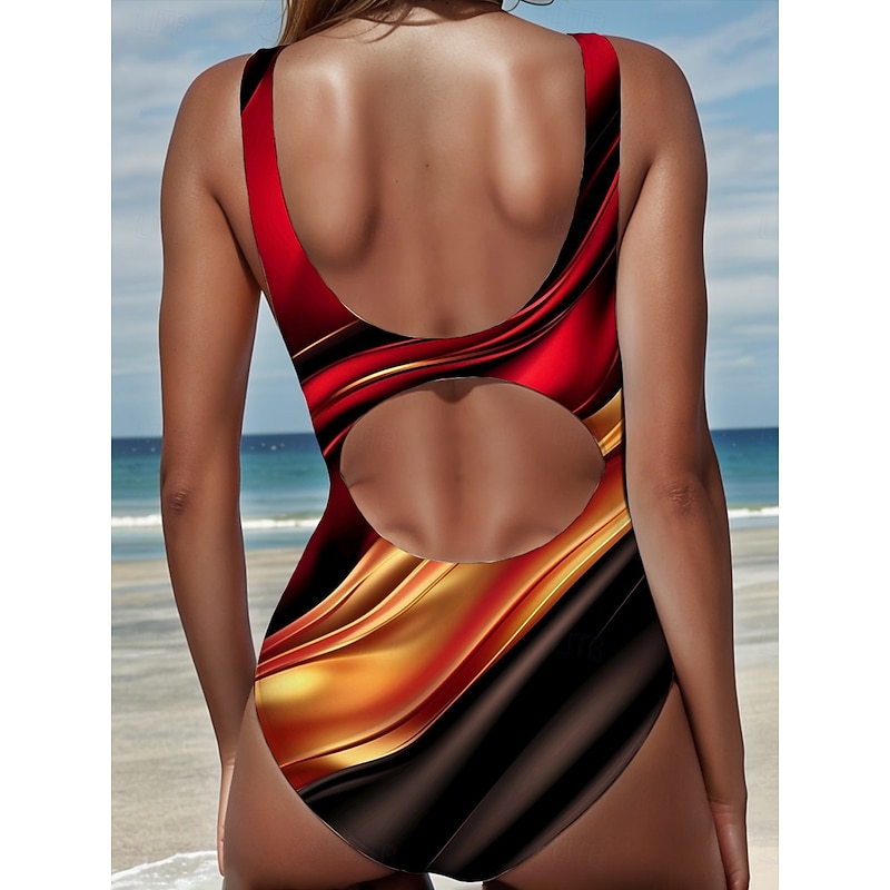 Women's Swimsuits One Piece Monokini High Cut Swimsuit Backless Tummy Control High Waist Slim Vacation Vintage Graphic Geometric U Neck Sleeveless Bathing Suits2