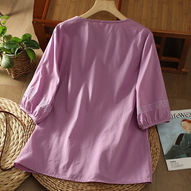 Women's Linen Shirt Boho Shirt Blouse Flower Casual Boho Short Sleeve V Neck Regular Tops Daily Going out Print Purple Green Summer2