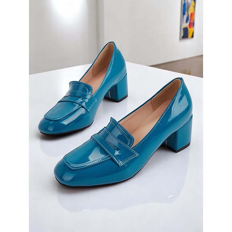 Women's Blue Glossy Patent Leather Chunky Heel Loafers – Modern Square Toe Slip-On Work Shoes for Office Professionals2