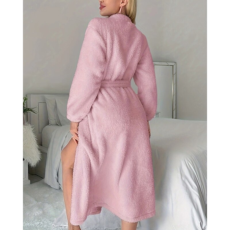 Women's Loungewear Robe Warm Fashion Casual Pure Color Lace up Pocket Cardigan Home Daily Bed Long Sleeve V Neck Pink Rose Red Fall Winter Tailored Fit4