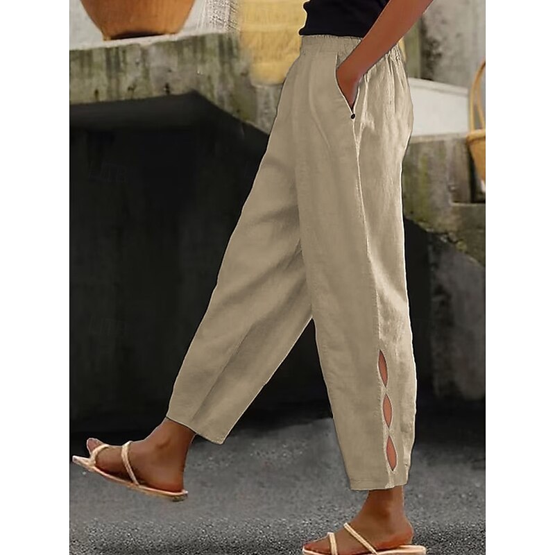 Women's Cotton Linen Pants Baggy Pants Linen Like Chinos Basic Casual Ankle-Length High Waist Plain Pocket Elastic Waistband Comfy Soft Comfortable Micro-elastic Vacation Street Daily3