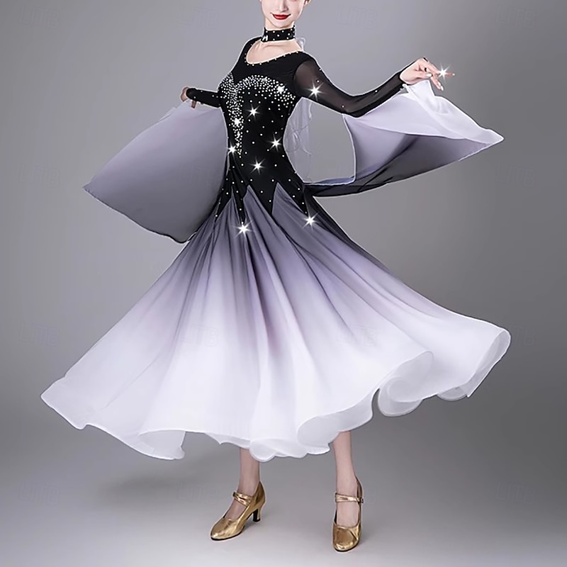 Elegant Ballroom Dance Dress Women's Performance Waltz Dancing Dress Long Sleeve Rhinestones Modern Dancewear Costumes4