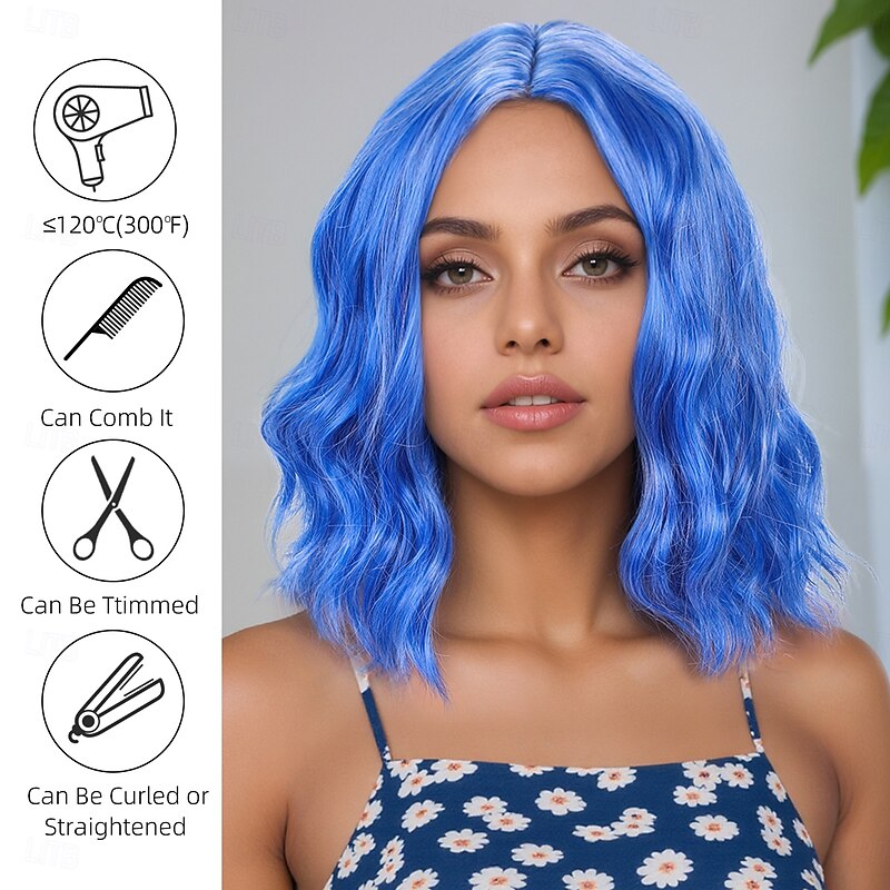 Synthetic Wig Wavy Curly Weave Middle Part Asymmetrical Machine Made Wig 14 inch A1 Synthetic Hair Women's Middle Part Classic Color Gradient Blue3
