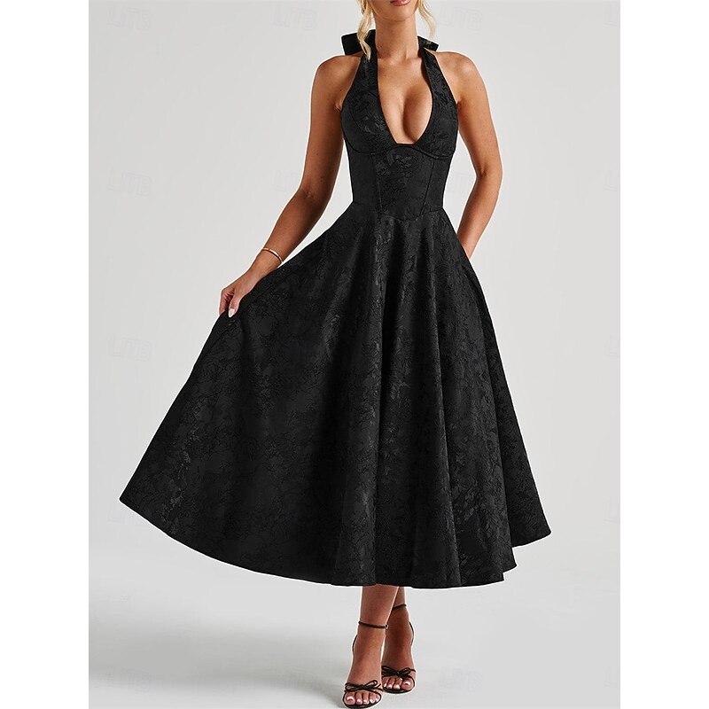 A-LineDress Jacquard Dress Semi Formal Cocktail Dress Wedding Midi Length Sleeveless Halter Neck Bow Backless with Lace Up Detail Wedding Guest Dress