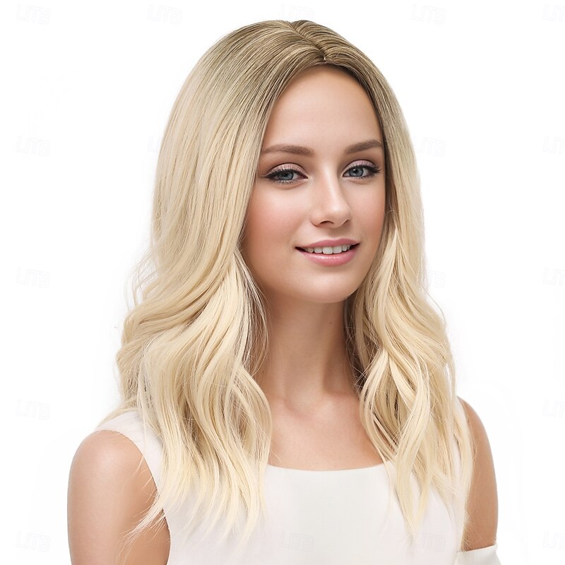 Synthetic Wig Wavy Deep Wave Middle Part Deep Parting Machine Made Wig 18 inch A1 Synthetic Hair Women's Middle Part Classic Color Gradient Blonde2