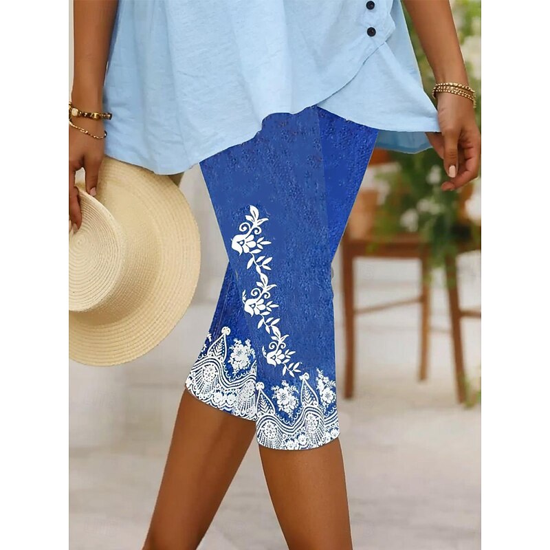 Women's Leggings Capri Pants High Elasticity Vacation Vintage Fashion Calf-Length Mid Waist Floral Graphic Printing Breathable Soft  Vacation Casual Daily Robin's Egg Blue Light Blue Summer Spring2