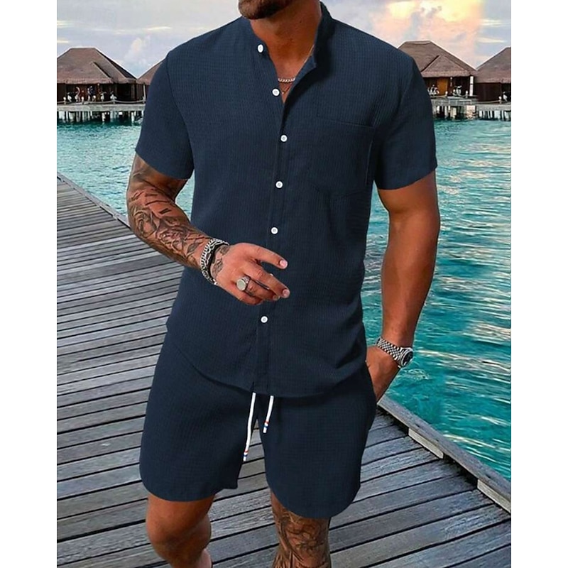 Men's Shirt Suits T-shirt Suits 2 Pieces Outfits Tee & Shorts Short Sleeve Standing Collar Summer Plain Fashion Casual 2 Piece Vacation Daily Wear Going out Black White Navy Blue Top Tee for Men3