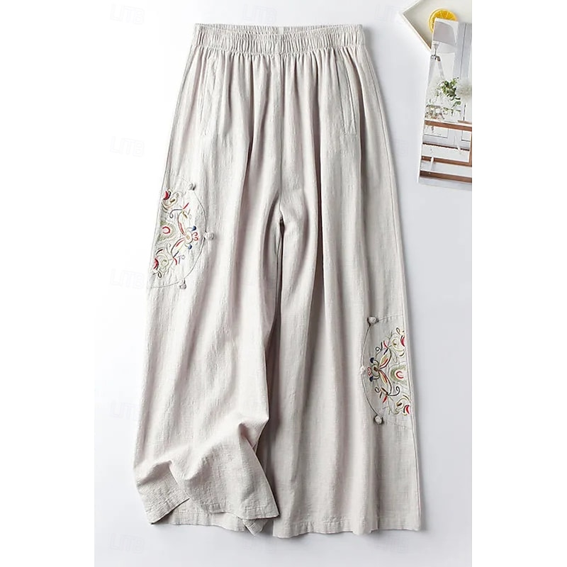 Women's Cotton Linen Shorts Linen-Inspired Pants Cotton Linen Pants Fashion Streetwear Full Length Natural Geometic Embroidered Comfy Outdoor Street Going out Weekend Apricot Light Sky Blue Black