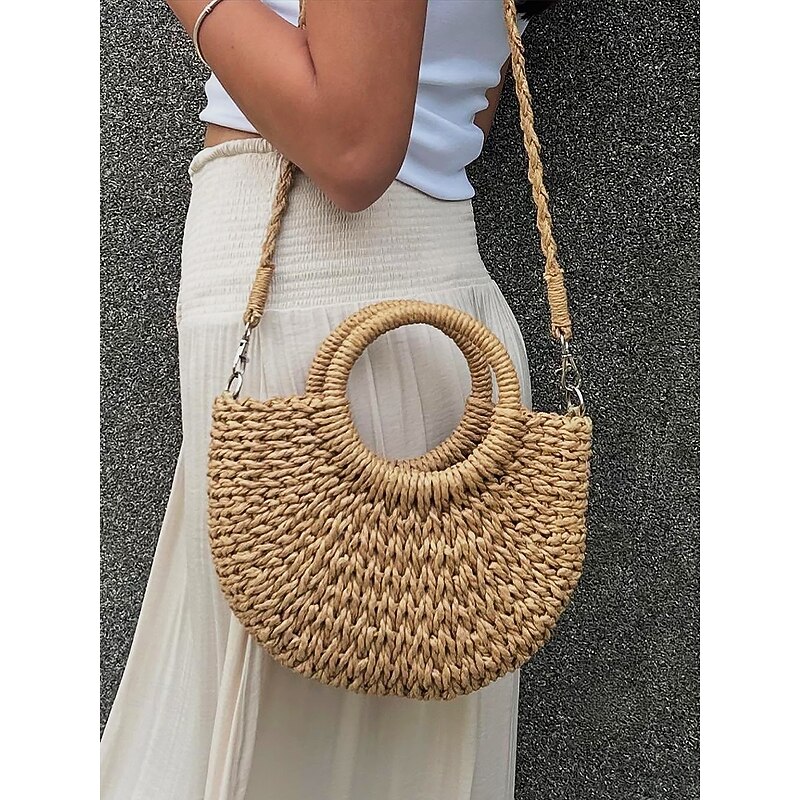 Women's Woven Straw Beach Bag with Round Handles and Long Strap – Boho Summer Handbag for Vacation, Travel and Casual Outfits Pink Orange Brown2