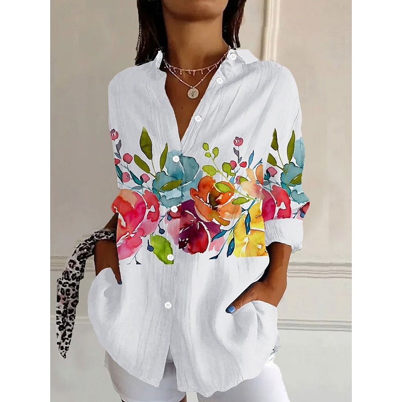 Women's Shirt Button Down Tunic Shirt Collar Long Sleeve Floral Graphic Daily Stylish Casual Regular Tops Work Daily s Print White Pink Orange Spring3