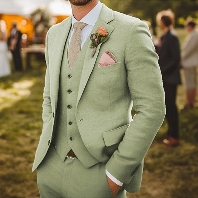 Men's Wedding Linen Suits Notch Lapel Sage Formal Solid Colored Standard Fit 3 Piece Single Breasted Two-buttons3