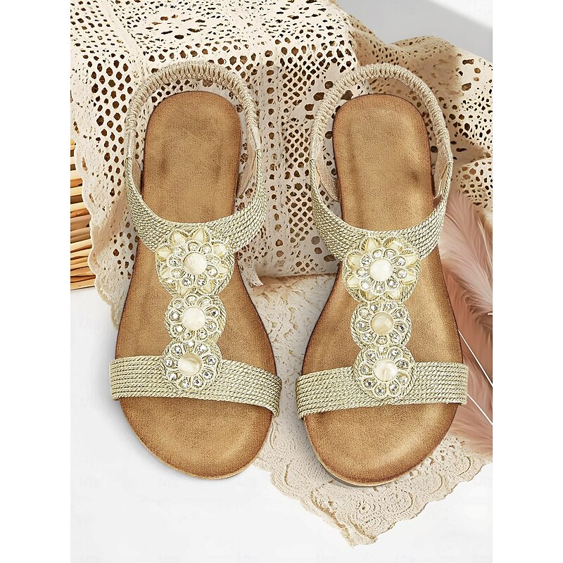 Women's Gold Floral Beaded Flat Sandals – Boho Elastic Back Beach Shoes for Summer & Resort Wear