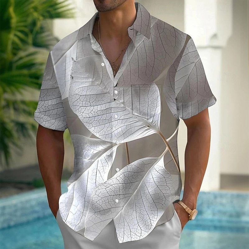 Men's Leaf Tropical Plants Shirt Summer Hawaiian Shirt Button Up Shirt Short Sleeve Hawaiian Vacation Holiday Beach Wear Summer Spring Turndown 3D Print Collared Shirts Front One Pocket Gray