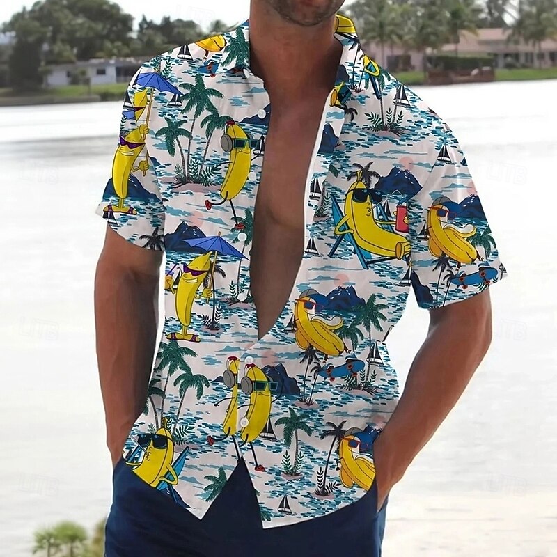 Men's Coconut Tree Funny Banana Shirt Summer Hawaiian Shirt Button Up Shirt Short Sleeve Hawaiian Vacation Holiday Beach Wear Summer Spring Turndown 3D Print Collared Shirts Beige