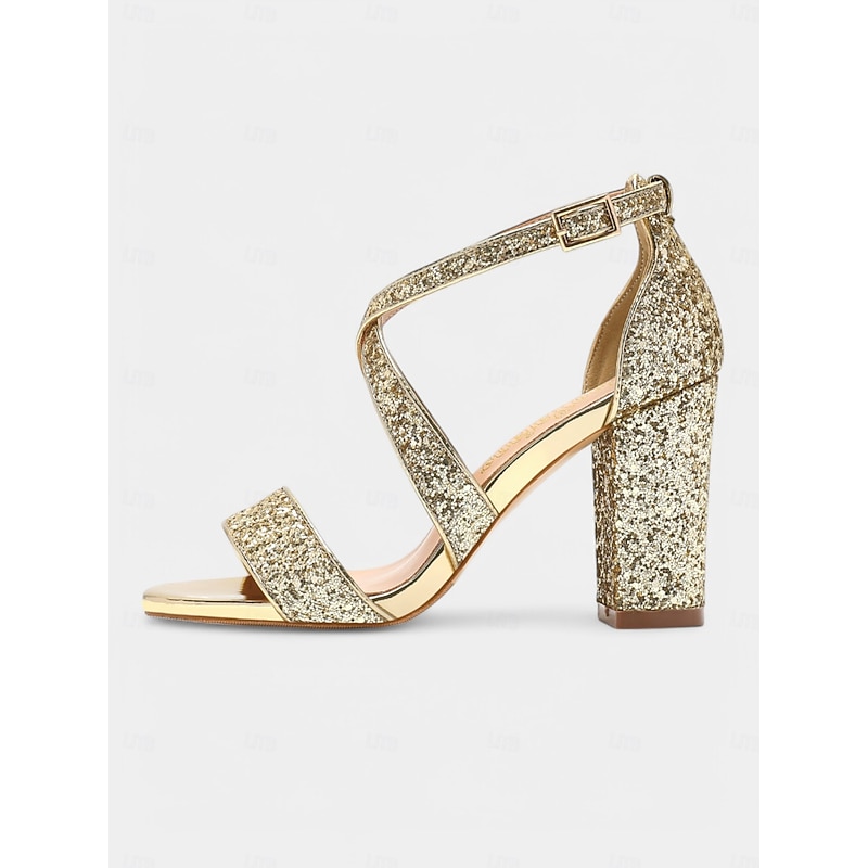 Women's Gold Glitter Block Heel Sandals, Crisscross Strap Design for Cocktail Parties and Night Events and Prom3