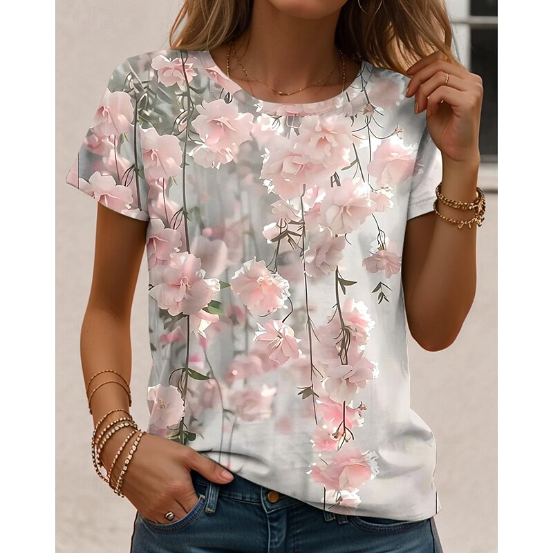 Women's T Shirt Ombre Floral Graphic Vintage Stylish Classic Short Sleeve Crew Neck Round Neck Regular Tops Daily Print Pink Summer