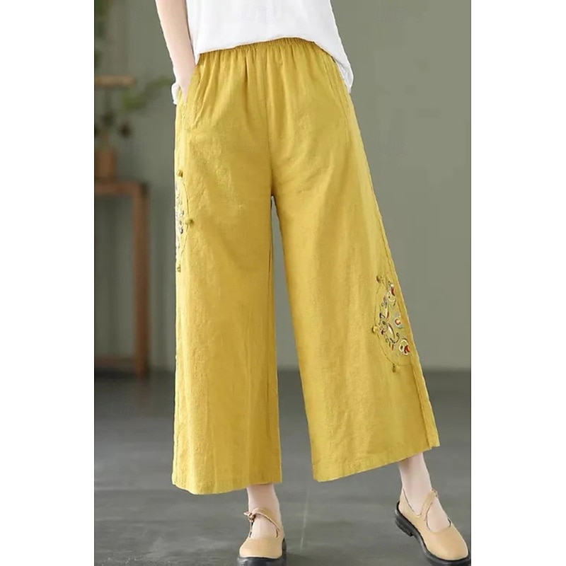 Women's Cotton Linen Pants Fashion Streetwear Full Length Natural Floral Embroidered Pocket Elastic Waist Comfy Outdoor Comfortable Outdoor Vacation Holiday Apricot Light Sky Blue Grey Black Summer