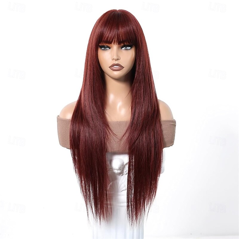 Reddish Brown Synthetic Wig with Bangs Auburn Glueless Long Straight Layered Wigs for Women 28 Inch2
