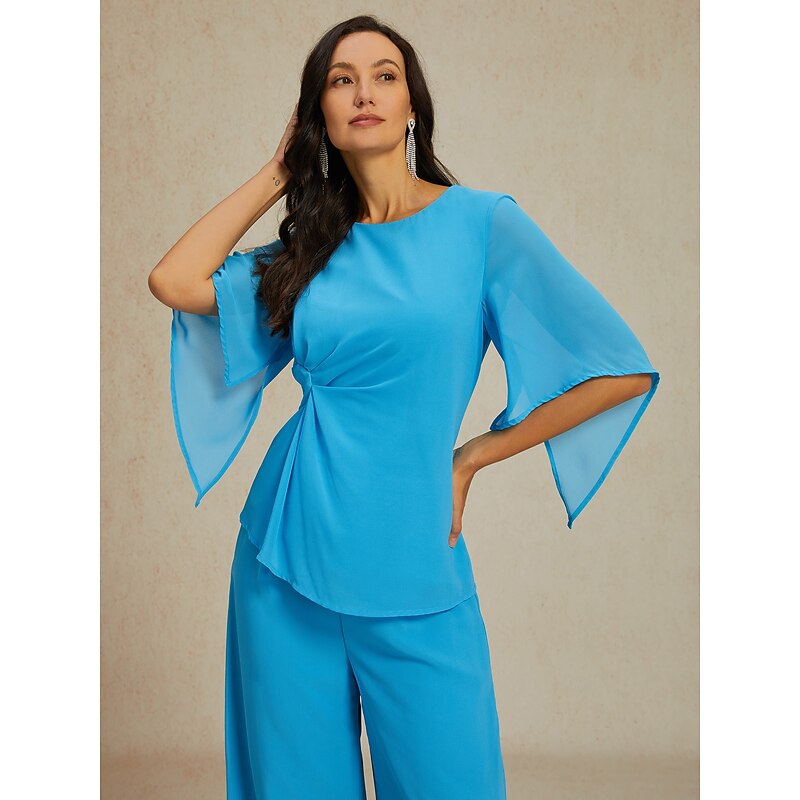 Women's Elegant Stylish Blouse Pants Trousers Half Sleeve Crew Neck Plain Ruched Wedding Guest Daily Blue Summer Regular Fit4