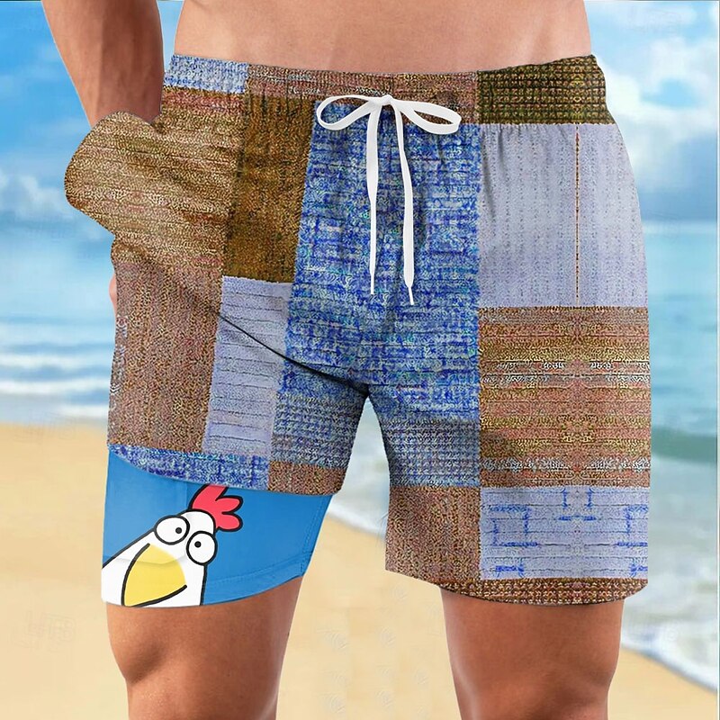 Men's Color Block Rooster Funny Lined Shorts 2 in 1 Board Shorts Swim Shorts Mid Waist Hawaiian Vacation Holiday Beach Wear Side Pockets With Compression Liner Elastic Drawstring Waist Designer3