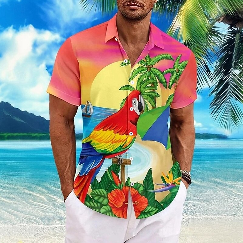 Men's Flamingo Bird Tropical Plants Shirt Summer Hawaiian Shirt Button Up Shirt Short Sleeve Hawaiian Vacation Holiday Beach Wear Summer Spring Turndown 3D Print Collared Shirts Front One Pocket Pink