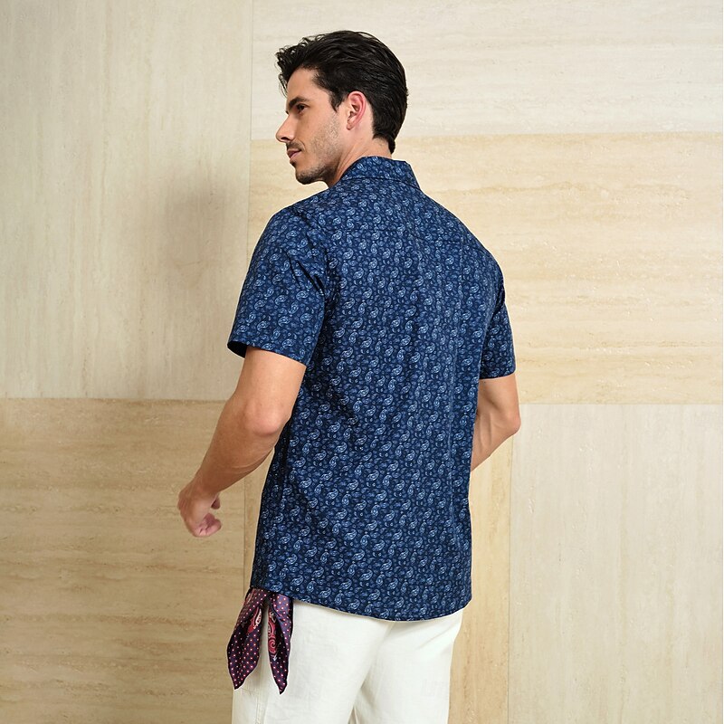 Men's Paisley Shirt Casual Shirt Camp Collar Shirt Long Sleeve Vintage Hawaiian Artistic School Performance Wedding Summer Spring Cuban Collar Button Up Navy Blue3