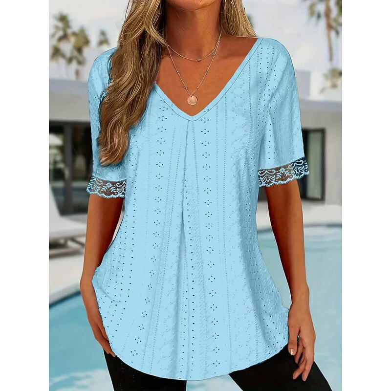 Women's Tunic Solid Color Plain Elegant Vintage Fashion Short Sleeve V Neck Regular Tops Daily Weekend Lace Pink Blue Summer Spring3