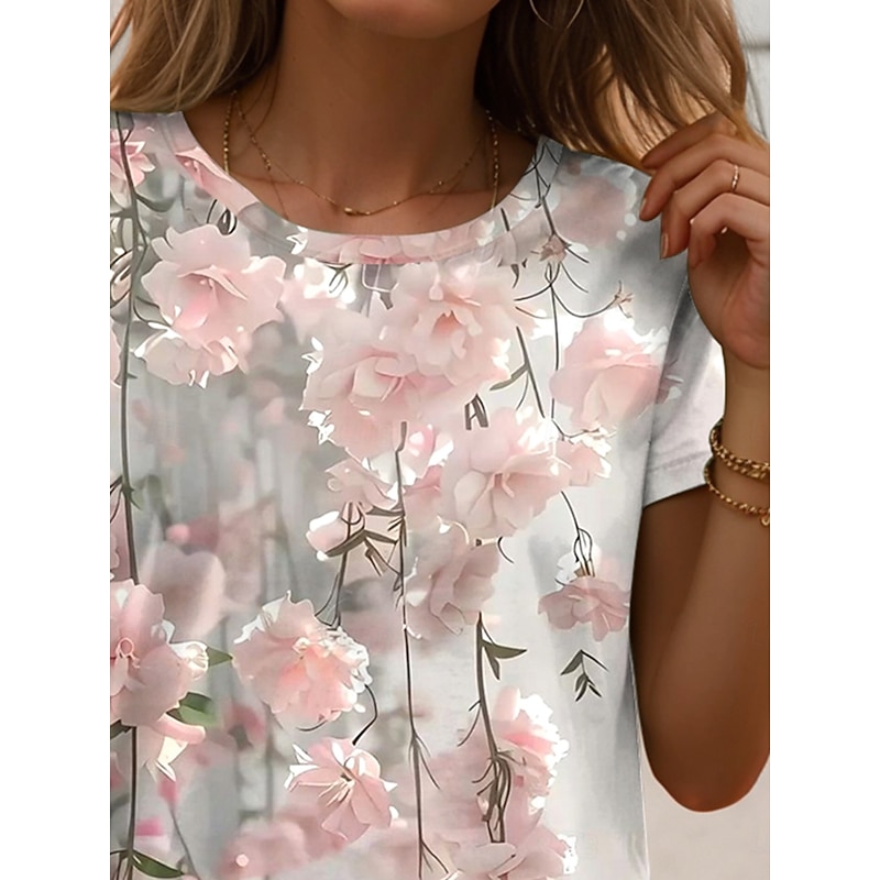 Women's T Shirt Ombre Floral Graphic Vintage Stylish Classic Short Sleeve Crew Neck Round Neck Regular Tops Daily Print Pink Summer2
