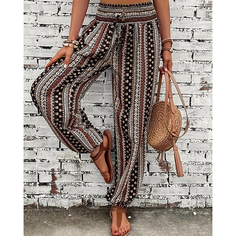 Women's Joggers Pants Trousers Vacation Boho Full Length Mid Waist Geometic Elastic Waist Breathable Comfortable Micro-elastic Street Daily Wear Going out Dark Brown White Red Dark Green Summer3
