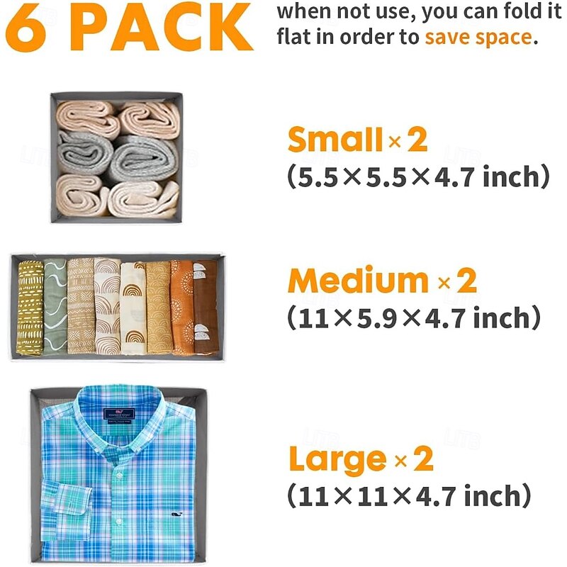 6 Pack Socks Underwear Drawer Organizer Storage, Foldable Fabric Closet Dividers for Bras, Panties, Ties, Lingerie, Wardrobe Storage Bins for Drawers and Shelves2