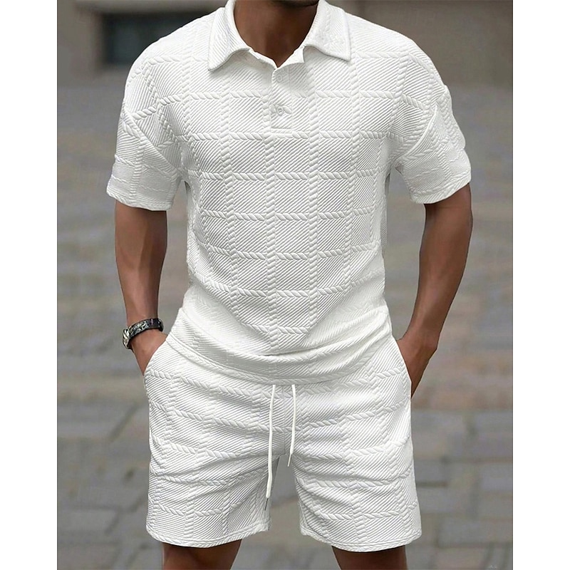 Men's Golf Shirt Golf Polos Shirts Work Casual Lapel Short Sleeve Basic Modern Plain 2 Piece Jacquard Summer Regular Fit Wine Black White Dark Red Pink sky blue Golf Shirt