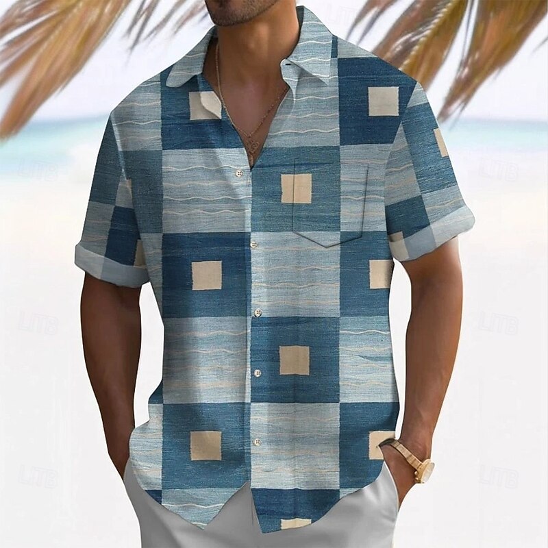Men's Geometric Color Block Grid / Plaid Shirt Casual Shirt Button Up Shirt Short Sleeve Fashion Casual Outdoor Vacation Dailywear Summer Spring Turndown 3D Print Collared Shirts Front One Pocket Blue