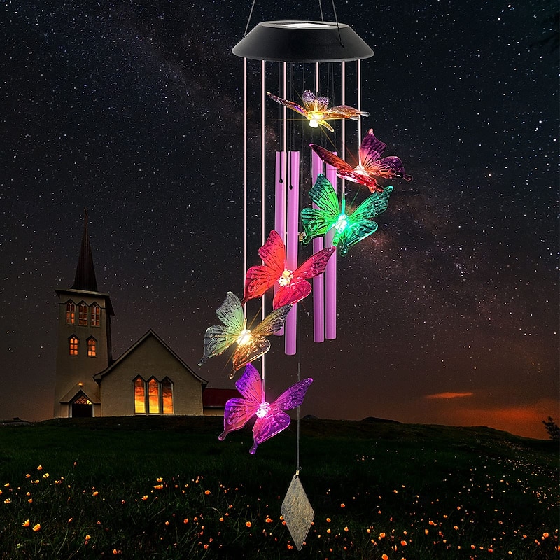1 Pc Outdoor Solar Purple Butterfly Wind Chime Light Seven Color Radiant Light Courtyard Garden Balcony Terrace Decorative Light Landscape Light Festival Gift3