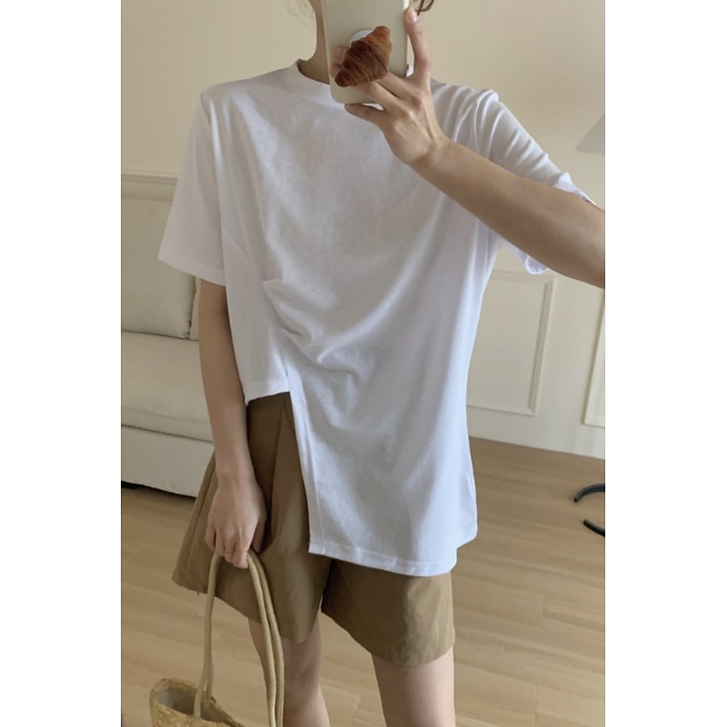 Women's Blouse Plain Modern Casual Short Sleeve Crew Neck Regular Tops Holiday Going out Asymmetric Hem Black White Summer