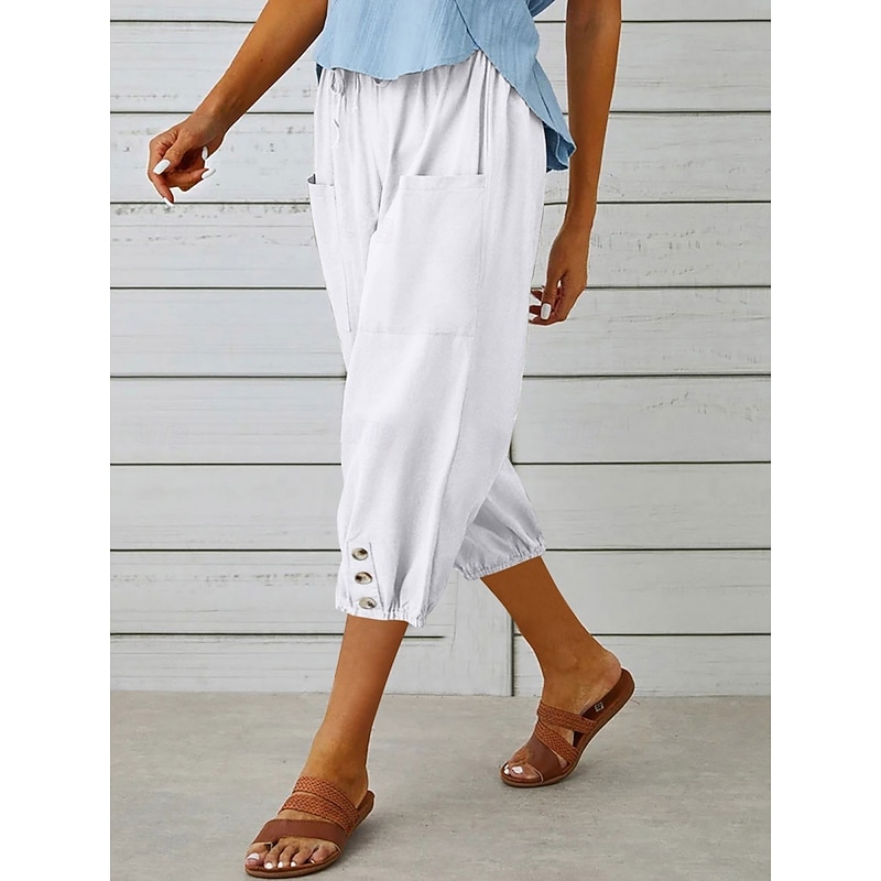 Women's Capri Pants Solid Color Chinos Fashion Ethnic Style Basic Calf-Length High Waist Plain Pocket Drawstring Comfort Outdoor Micro-elastic Vacation Street Daily Black White Khaki Light Blue3