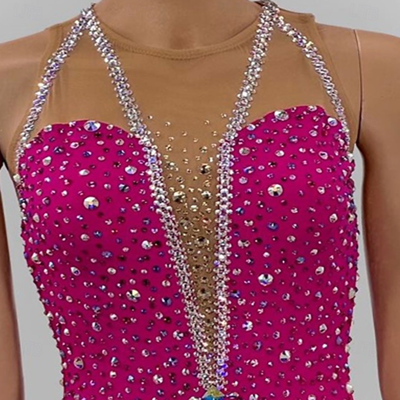 Figure Skating Dress Women's Girls' Ice Skating Dress Rose Red Patchwork Asymmetric Hem Mesh Spandex High Elasticity Training Competition Skating Wear Classic Crystal / Rhinestone Sleeveless Ice2