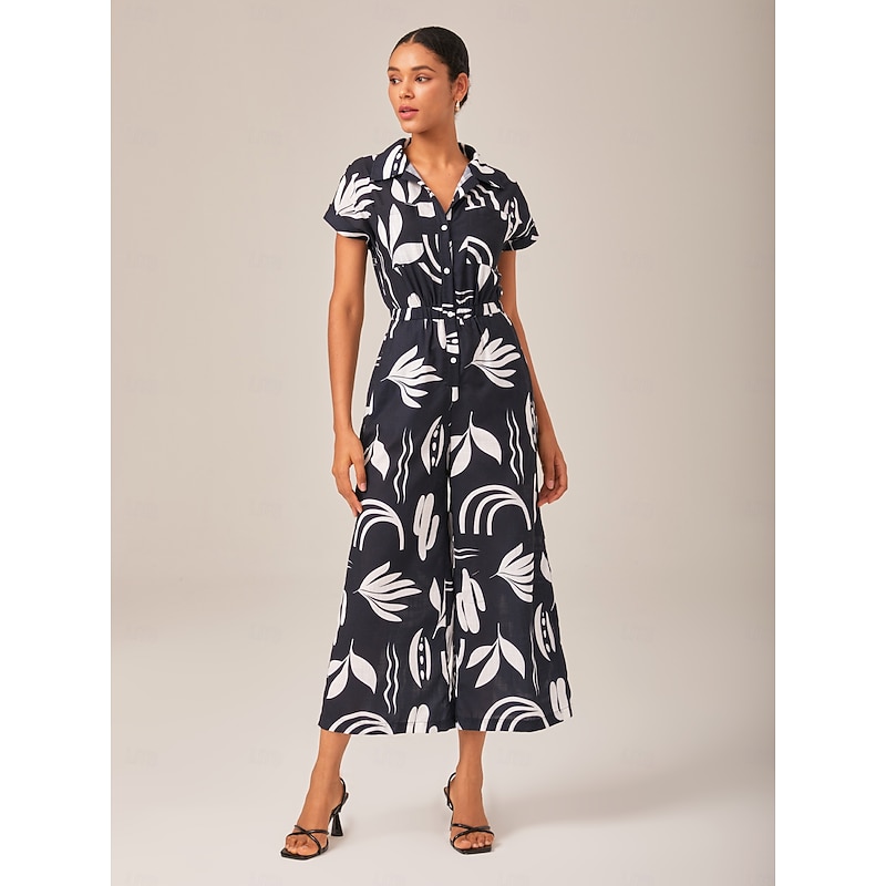 Vacation Black and White Printed Linen-Like Jumpsuit3