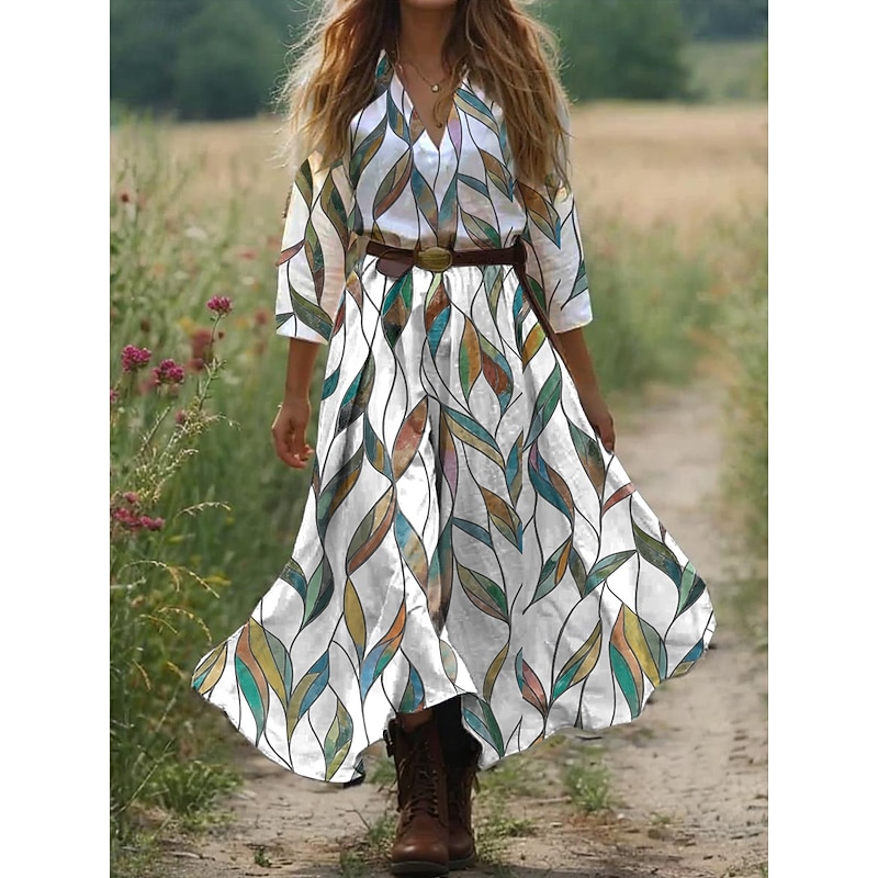 Women's Boho Dress Western Dress Vintage Maxi Dress Sundress Pleated Dress Vacation Casual Boho Going out Beach Standard Fit Floral Graphic 3/4 Length Sleeve V Neck White Light Green Blue