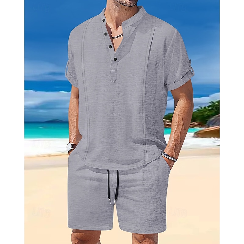 Men's T-shirt Suits 2 Pieces Outfits Tee & Shorts Short Sleeve Henley Summer Plain Fashion Casual 2 Piece Vacation Daily Wear Going out White Royal Blue Brown Top Tee for Men3